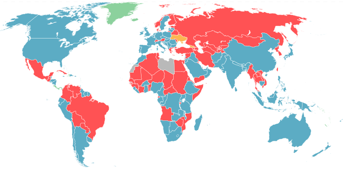 Ситуация в мире: красным отмечены страны, в которых военная служба остается обязательной, голубым - профессиональная или добровольная армия, оранжевым - обязательный призыв будет отменен в ближайшее время
